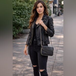 Sondra Roberts Squared Black Vegan Leather Chain Trim Crossbody Clutch Bag